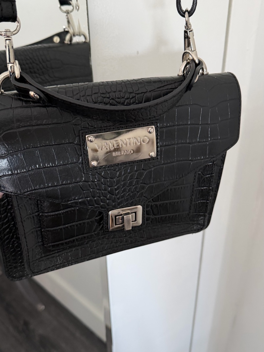 VALENTINO by Mario Valentino Black Croc-Embossed Mini Crossbody Bag - Picture 16 of 16